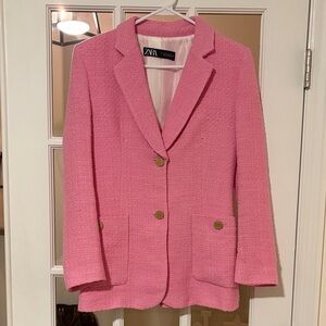 Zara Textured Pink Blazer with Gold Buttons